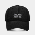 Retro black denim baseball cap with white letter embroidery and adjustable back strap - Black