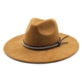Classic wide brim brown felt fedora hat with a woven leather band for women - Khaki