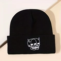 Winter black knit beanie with white devil skull embroidery and folded cuff design - One Size / Black