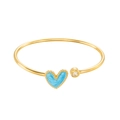 Gold-plated stainless steel open cuff bracelet with blue enamel heart and small crystal - Sky Blue