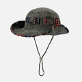 Detail of dark gray outdoor bucket hat featuring ethnic pattern ribbon and windproof cord - M (56-58cm) / Olive Green