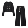 Dames tweedelige zwarte set met double-breasted blazer en wijde broek met gouden kettingriem - XS / Boven- En Onderstuk / Zwart