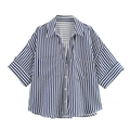 Détail de la chemise en lin à rayures bleues avec poches de poitrine en pur coton doux - XS / Rayé Bleu