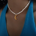 French vintage 18K gold crescent moon pendant with white freshwater pearls necklace - Gold (P735)