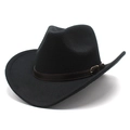 Chapeau de cowboy en laine noire classique avec bande en cuir marron et boucle dorée - M (56-58cm) / Noir