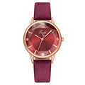 Women's quartz watch with burgundy faceted glass dial and red leather strap - Rose Red