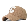 Detail of khaki lamb wool baseball cap with white 3D letter C embroidery texture - Adjustable / Khaki