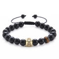 Detail of beaded bracelet with black agate, tiger eye stone, and golden letter A charm - Letter A-Black Agate Bracelet