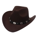 Dark brown western cowboy felt hat with ethnic silver-tone conchos on leather band - M (56-58cm) / Ethnic Metal Decoration / Brown