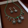 Detailed view of silver wing jewelry set with green gemstones in a premium gift box - 22# Necklace Earrings Set-Silver Green Style