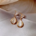 Close-up of teardrop opal earrings with zircon inlay on luxury grey silk background - 2# Silver Pin-Gold Teardrop Opalite