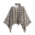 Mantella poncho a quadri marrone giallo con orlo asimmetrico e nastro decorativo - XS / Tops