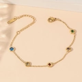 Golden stainless steel bracelet featuring five colorful round cubic zirconia and lobster clasp - Colorful Zircon Bracelet / Gold
