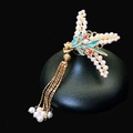 Ancient style hair clip with blue enamel clouds, pearls and golden tassels - F1524 Pearl Wheat