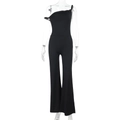 Detailed view of women's black one-shoulder sleeveless wide-leg jumpsuit in plain fabric - XS / Black