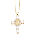 Gold cross necklace with Virgin Mary relief and cubic zirconia stones on white background - White