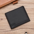 Slim black leather bi-fold wallet for men with textured lychee grain and business style - Horizontal / Black