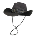 Western straw cowboy hat in black with metal bull head ornament and chin strap - M (56-58cm) / Black