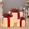 Set di tre scatole regalo di Natale bianche floccate con nastri rossi e luci a LED calde - Nastro Rosso Floccato Bianco (Set da 3 Pezzi con Luce)