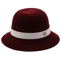 Elegant wine red chenille cloche hat with a grey ribbon and silver metal M logo - M(56-58cm) / Burgundy