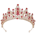 Detail of luxury bridal crown with brilliant red rhinestones and gold metal finish - KC Gold with White and Red Rhinestone