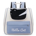 Cream and light blue pet backpack carrier with Hello Cat design and transparent window - Basic Style / Beige & Blue