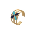 Gold-tone open ring with blue enamel clover design and three-row parallel bands - Gold Blue Petal Flower (J505-1)
