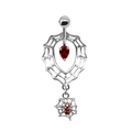Detail of silver spider web navel ring with red teardrop zircon and hanging spider pendant - Silver Spider Web Red Gem Belly Ring (2311110033)