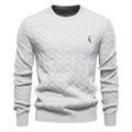 Detailed view of light grey knit sweater featuring cable patterns and giraffe embroidery - Light Gray