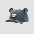 Detail of baby denim cap featuring cute 3D bear ears and a small dog embroidery patch - 48cm (6 Months-2 Years) / Blue