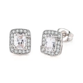 Silver square zircon stud earrings with halo micro-pave setting for women - White Gold + White Stone Earrings