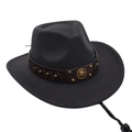 Detail of western felt cowboy hat with brown leather rivet band and decorative gold buckle - One Size / Dark Gray