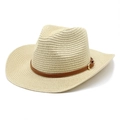 Chapeau de cowboy en paille pour femme avec bord roulé et bande en similicuir - M(56-58cm) / Beige