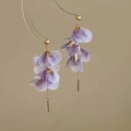 Detail of purple fabric petal earrings with gold tassels and elegant floral design - Gold & Purple Flower (7# 925 Sterling Silver Earring Post)