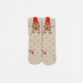 Beige Christmas cotton socks with gingerbread man and candy cane festive patterns - One Size / Snowflake Beige