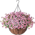 Detail of pink artificial flowers in a coconut fiber hanging basket with iron chain - Pink