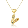 Close-up of gold heart connector and multi-colored zircon letter L pendant necklace - Letter V