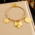 Adjustable gold braided bracelet with tiger head, sun pearl, and heart crown pendants - Panther Rose Brown White Rope Bracelet (B1791)