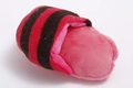 Pink and brown striped plush squeaky dog toy in slipper boot shape for pet play - Red Black Slipper