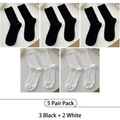 Five pack of cream white and black mid-calf socks with vertical ribbed knit design - One Size (35-40) / 5 Pairs (3 Black + 2 White)