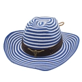 Detail view of blue and white striped straw cowboy hat with a metal bull head emblem - One Size / Blue White With Drawstring (Golden Bull Head)