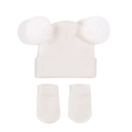 Détail d'un ensemble bonnet tricoté blanc à pompons et moufles pour bébé - Taille S (3-18 Mois) / Blanc