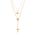 Collana a doppio strato con angelo dorato, perle bianche, catena a Y e ciondolo croce - Stile a Doppio Strato Perla Vergine Maria Croce (1#)
