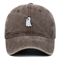 Close-up of ghost embroidery on dark brown washed cotton baseball cap with vintage texture - Adjustable / Coffee