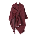 Detail view of burgundy knitted shawl with light fringe edge and stylish knot design - Burgundy
