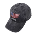 Primer plano de gorra de béisbol gris oscuro lavado con bordado de bandera USA - Ajustable / Negro