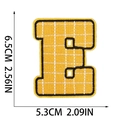 Size details of the yellow embroidered letter E patch measuring 6.5cm x 5.3cm on white - Letter E
