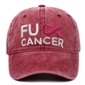 Red washed cotton baseball cap with FU CANCER embroidery and pink ribbon awareness icon - Burgundy
