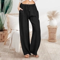 Detail of high-waisted black casual wide-leg trousers with drawstring and side pockets - S / Black