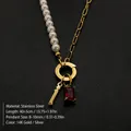 Elegant stainless steel necklace with imitation pearls and a red gemstone pendant - Gothic Letter I